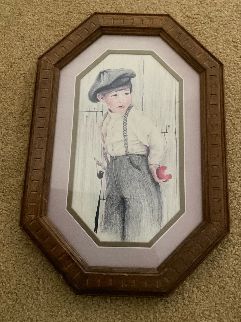 vintage framed pencil print by artist Kathleen Casey, titled "Early American boy